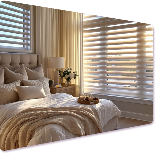 Elegant neutral bedroom with zebra blinds, tufted headboard, and warm ambient lighting