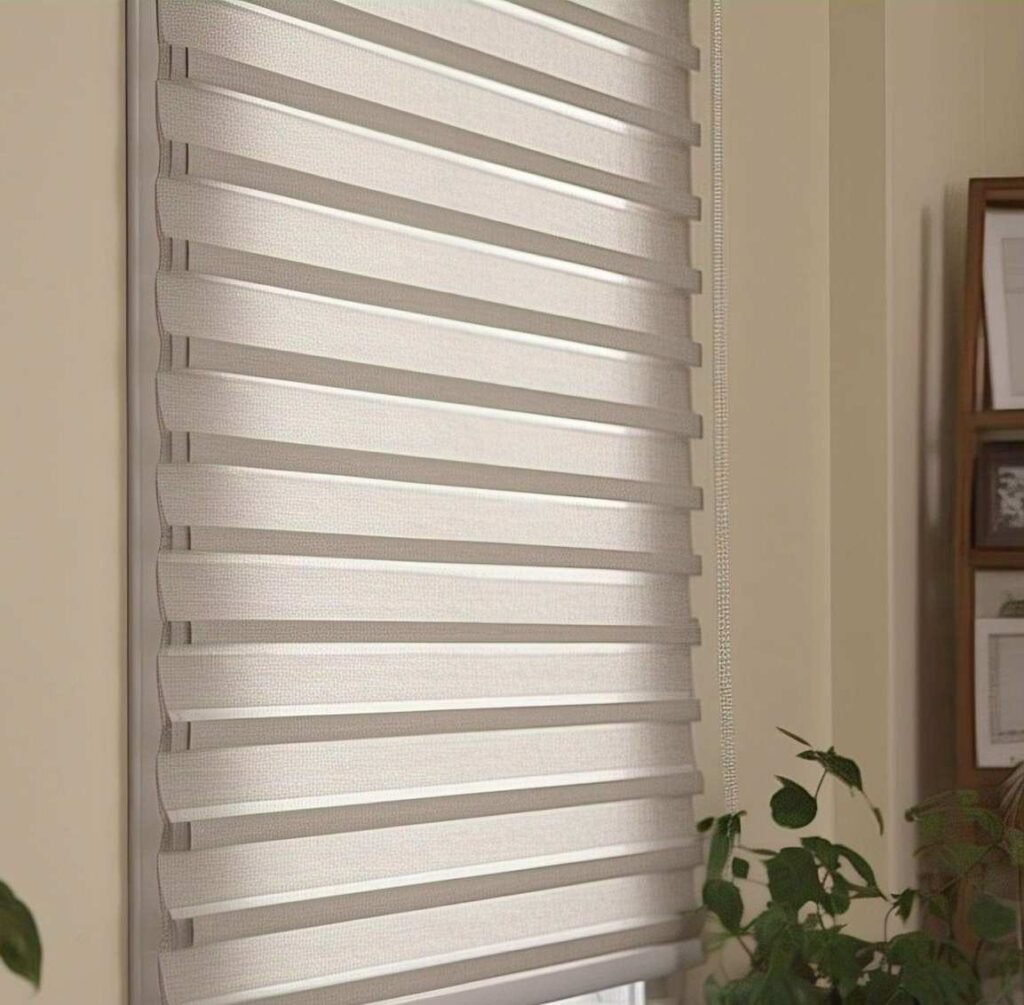 Zebra-blinds-in-warm brownwood-tone- shown in an opensheer-position against-a-rustic-white wood-paneled-wall